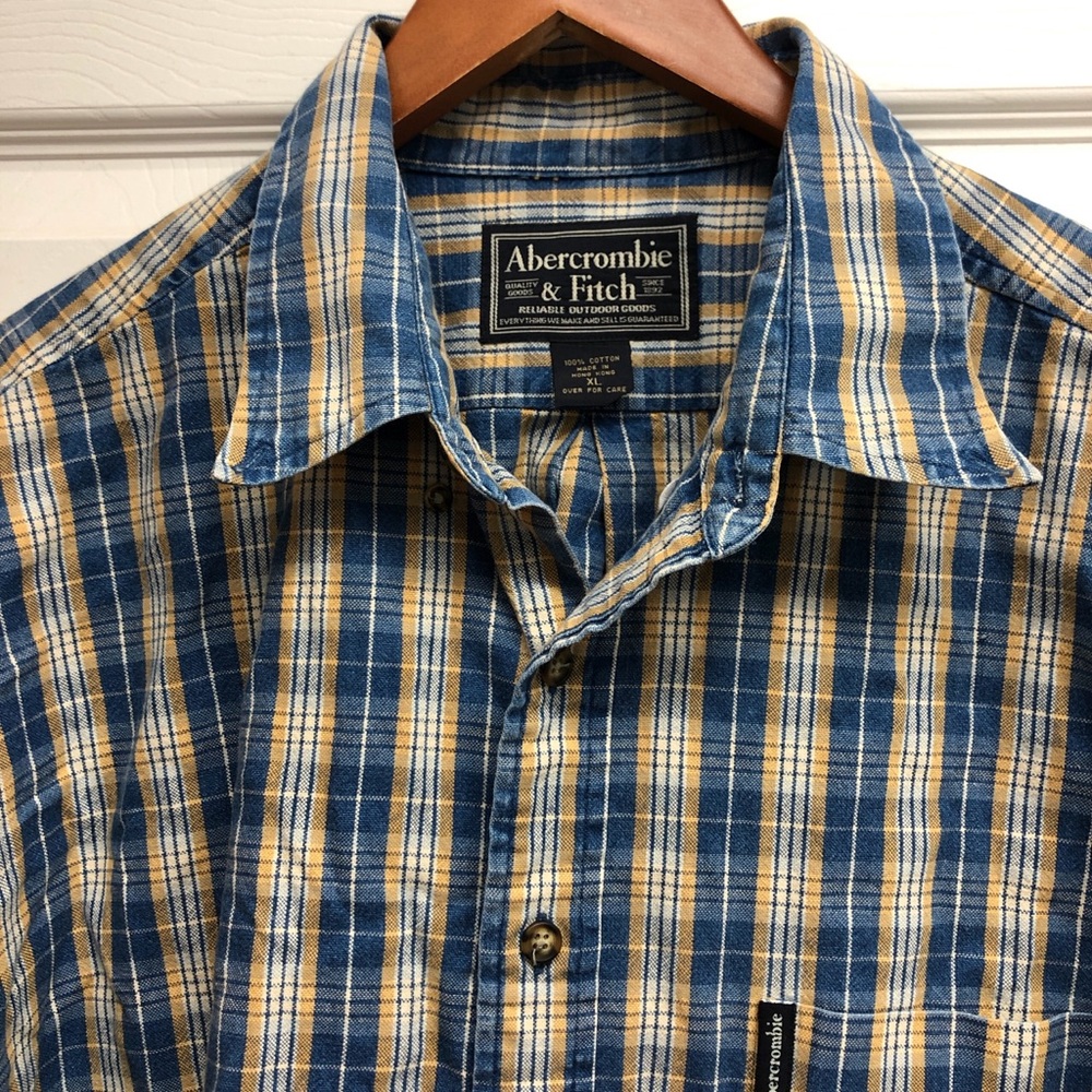 Abercrombie & Fitch Blue and Tan Plaid Button-Down Shirt